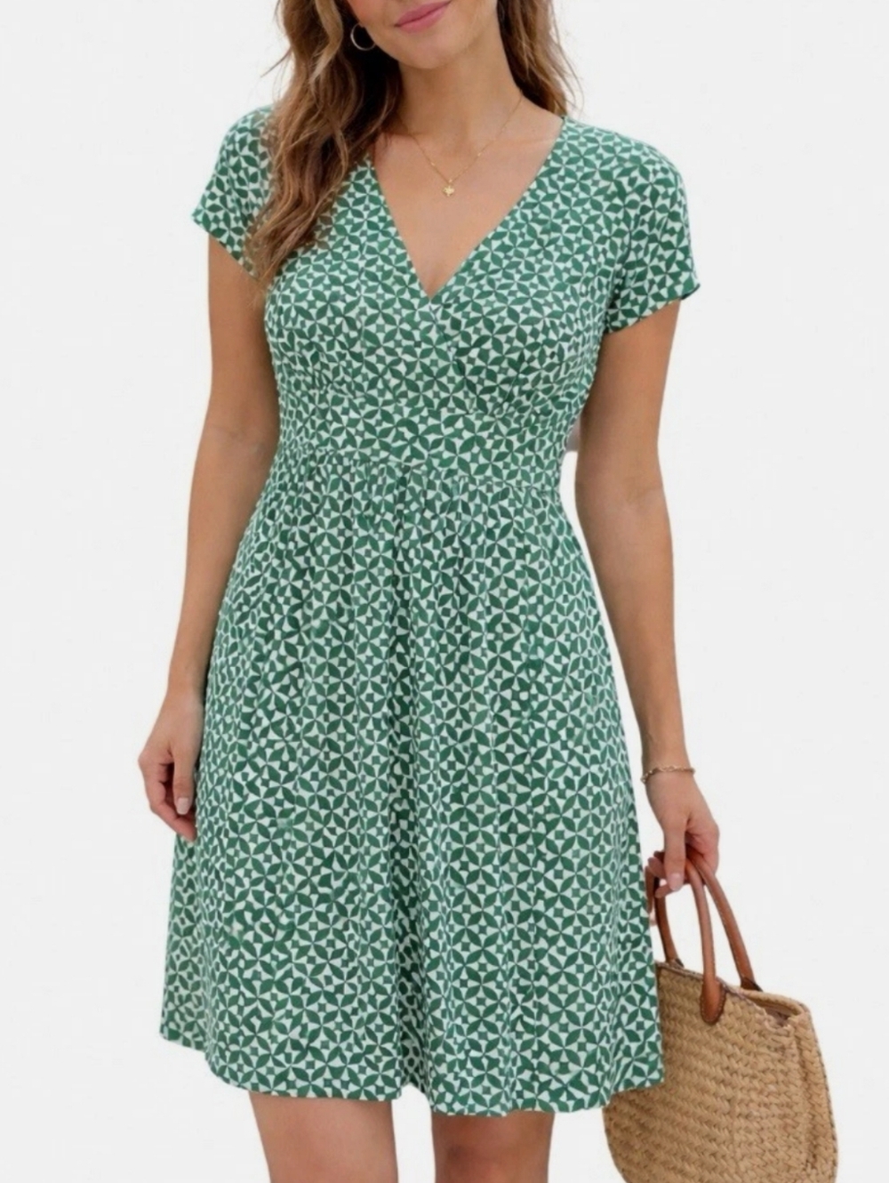Boden Lola Jersey Knit Faux Wrap Dress Size 4 Geo Pinwheel Print Green Comfy